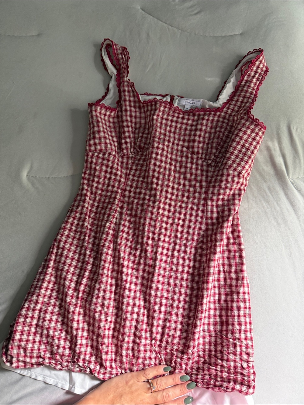 RIHOAS Red and White Gingham Mini Dress with Scalloped Trim